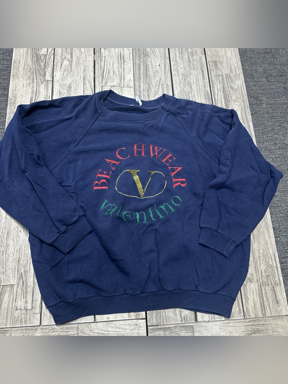 VTG 90s Beachwear Valentino Crewneck L Navy Boxy Crop Distressed Italy Embroider